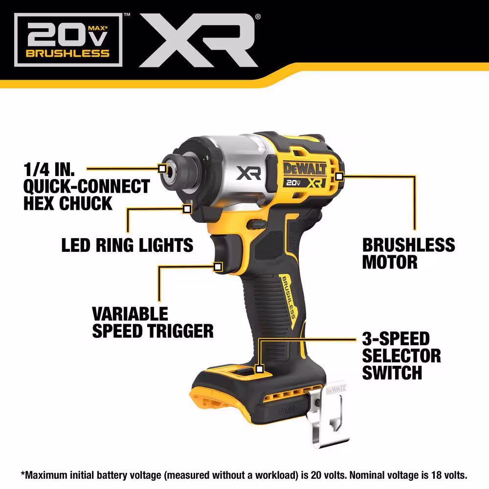 DEWALT 20-Volt Maximum XR Cordless Brushless 1/4 in. 3-Speed Impact Driver (Tool-Only)