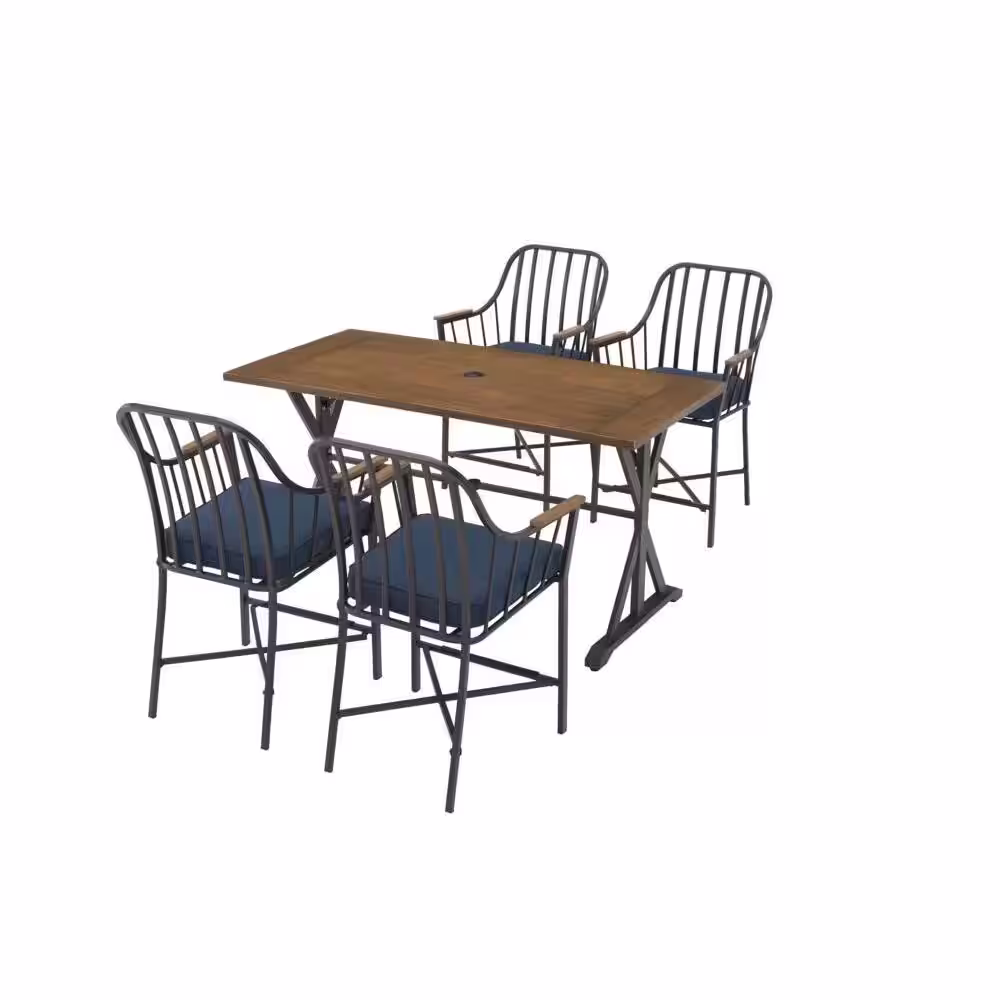 StyleWell Bedford Farmhouse 5-Piece Steel Rectangle Balcony Height Outdoor Patio Dining Set with Blue Cushions