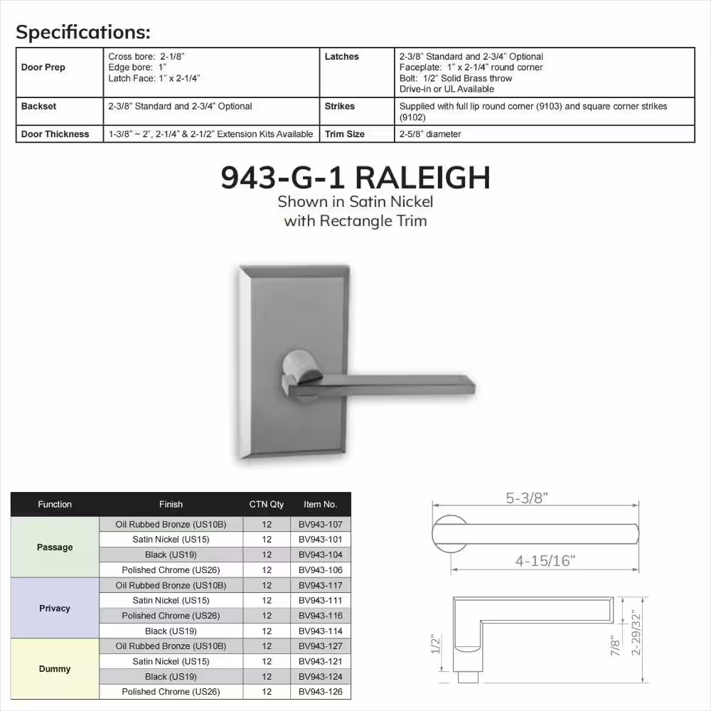 None Bravura Raleigh 943G-1 Privacy (Bed/Bath) Door Lever Black w/ Rectangle Trim