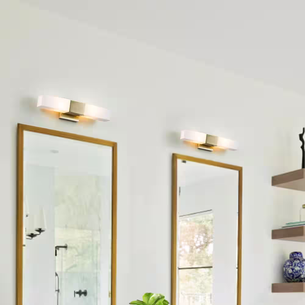 None 2-Light Gold Finish Wall Sconce Vanity Light with White Glass Shade