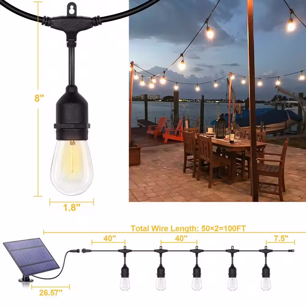None 15-Light Each 50 ft. Outdoor Solar LED S14 Edison Bulb String-Light with Remote (2-Pack)