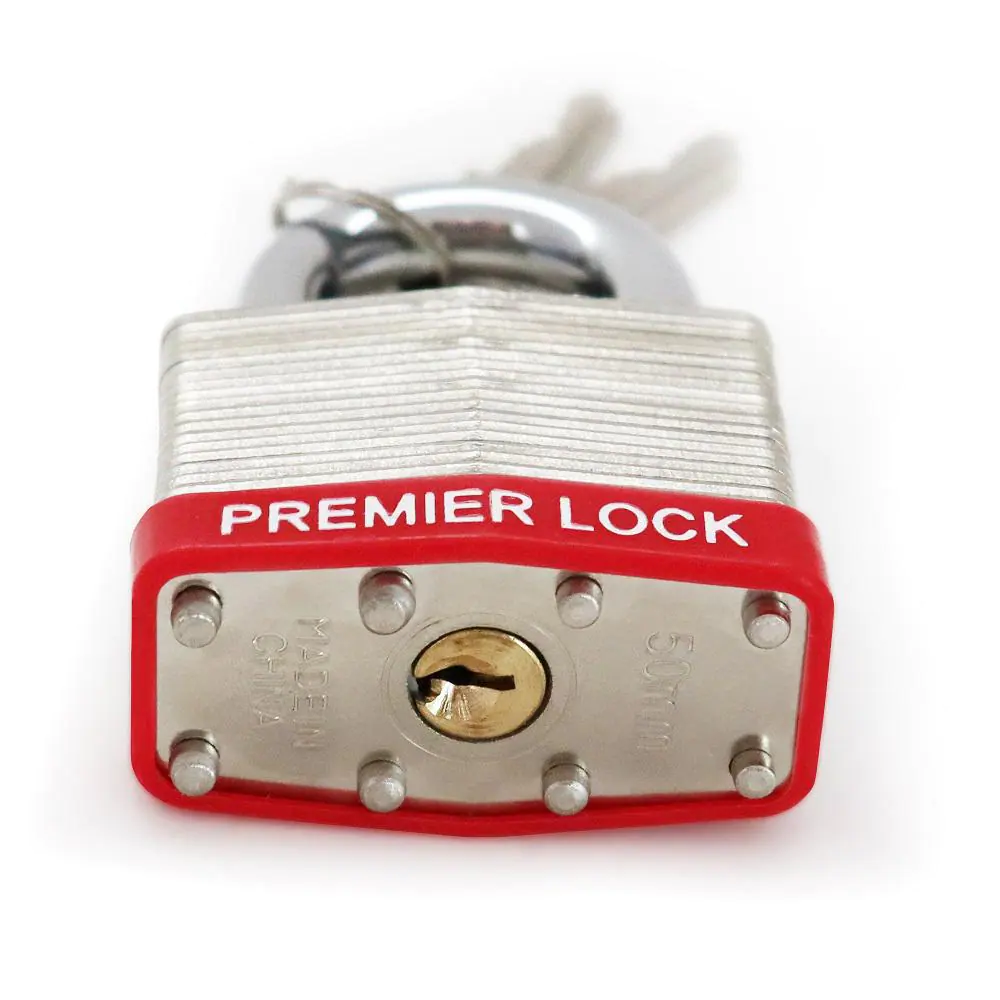 Premier Lock 2 in. Nickel Plated Laminated Steel Keyed Padlock with Vinyl Bumper and 12 Keys Total, (6-Pack, Keyed Alike)