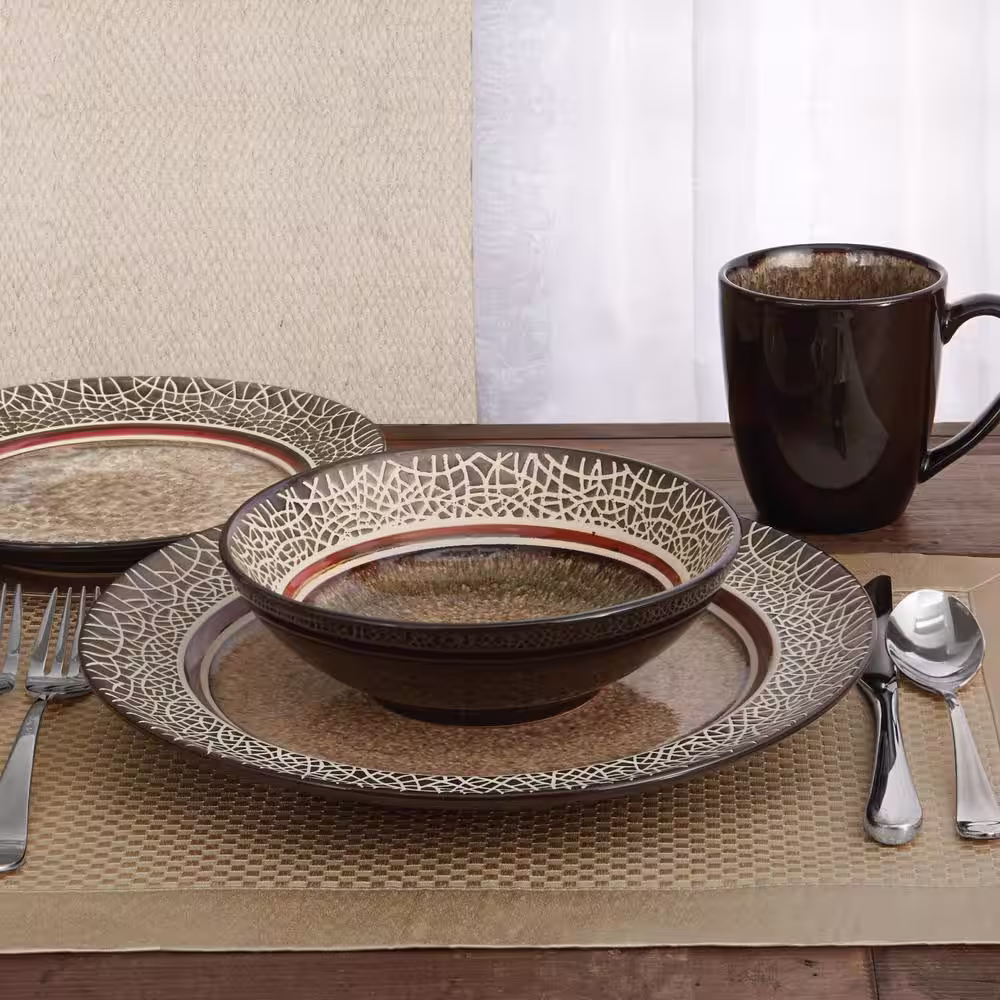 American Atelier Markham 16-Piece Casual Black/Brown Stone Dinnerware Set (Service for 4)