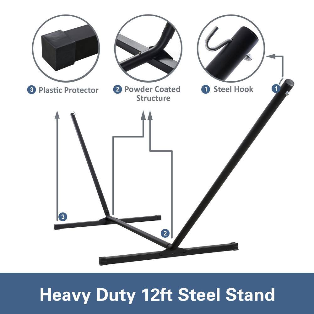 None 10 ft. x 12 ft. Quilted Rope Hammock and 12 ft. Steel Hammock Stand with Detachable Pillow, Navy