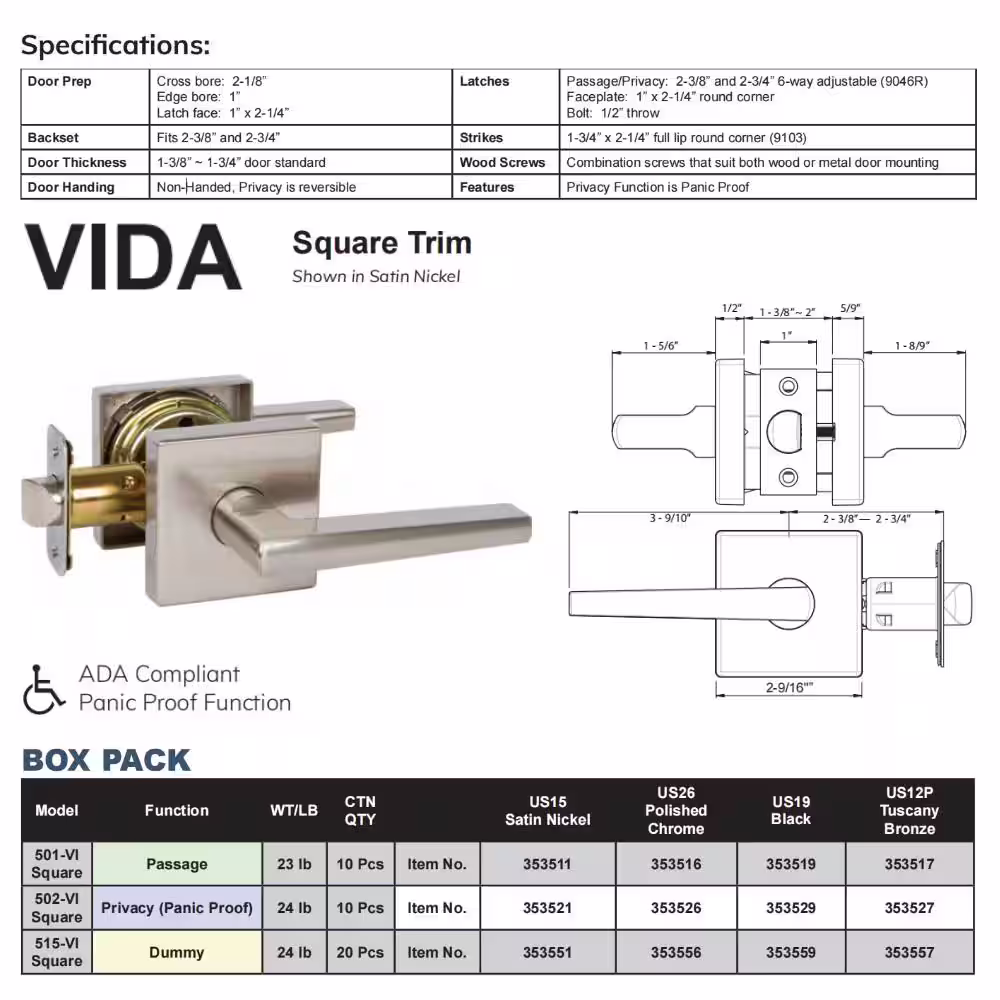 None Vida Square Black Dummy Door Lever