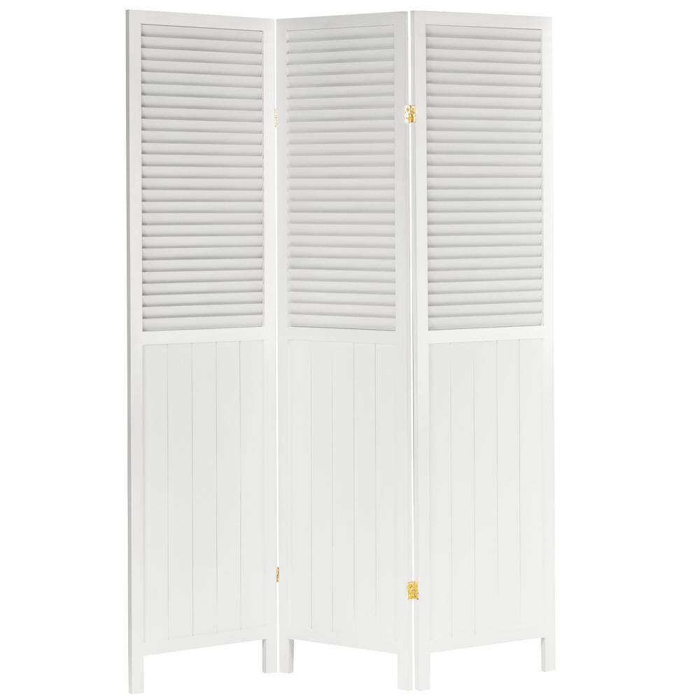 Oriental Furniture White 6 ft. Tall Louvered Beadboard 3-Panel Room Divider
