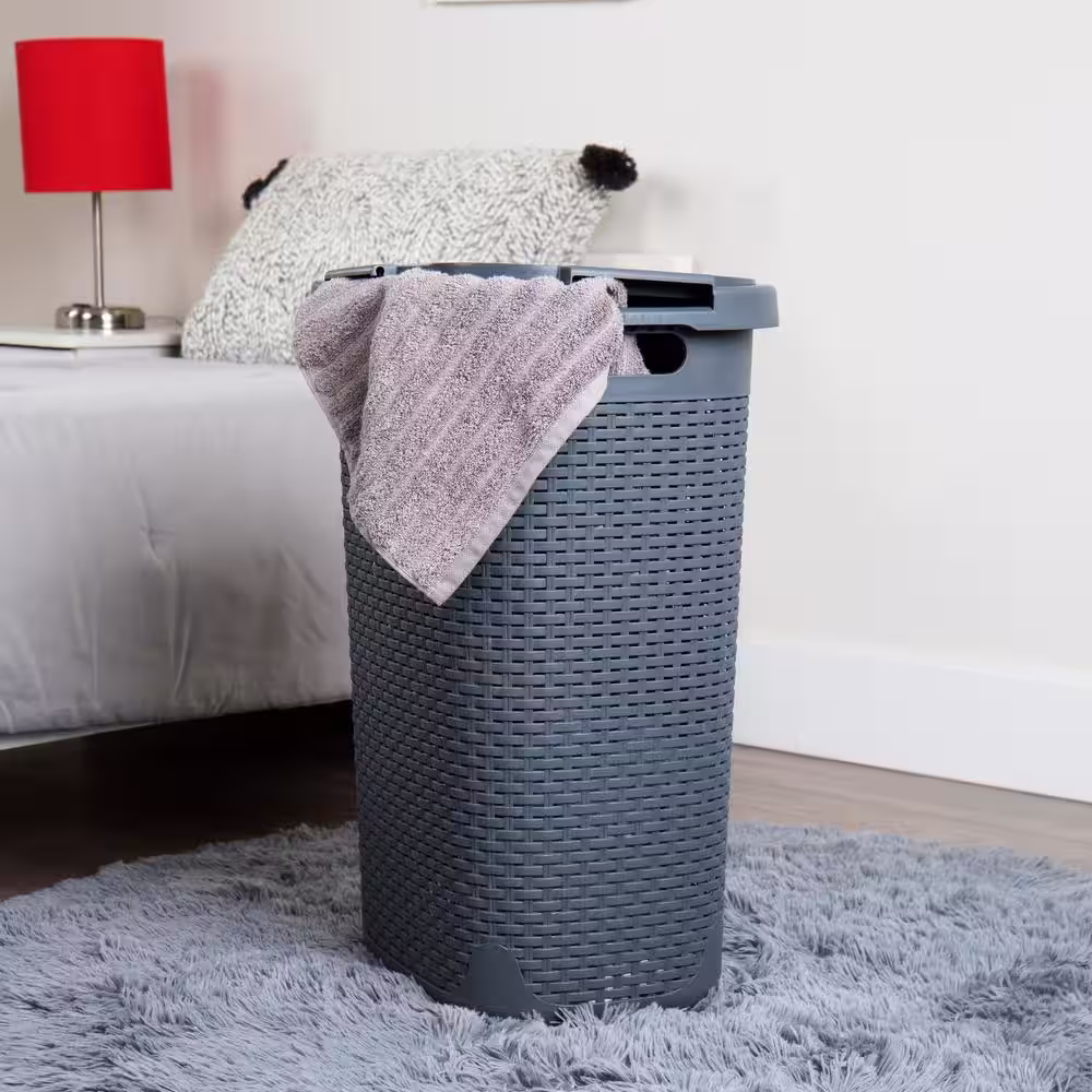 Mind Reader Basket Collection 60 Liter (15kg/33lbs) Capacity Laundry Hamper, Cut Out Handles, Attached Hinged Lid, Gray