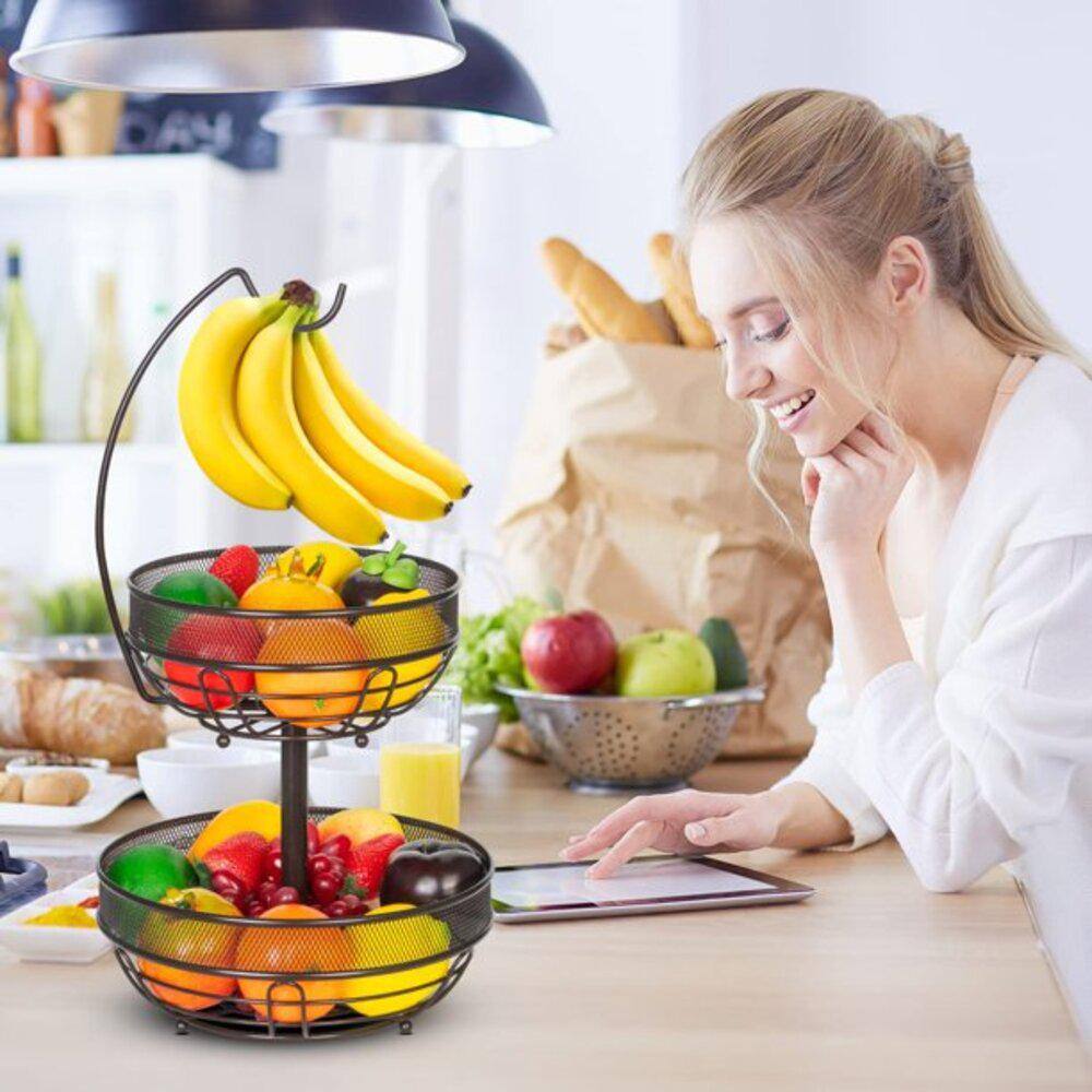 dubbin Brozne 1-Piece 2-Tier Fruit Basket with Banana Hook and 2-Fruit Bowl