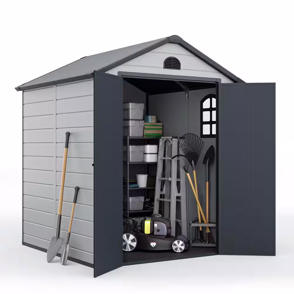 None 6.2 ft. W x 6.3 ft. D Plastic Outdoor Patio Storage Shed with Floor and Lockable Door Coverage Area 39.1 sq. ft.