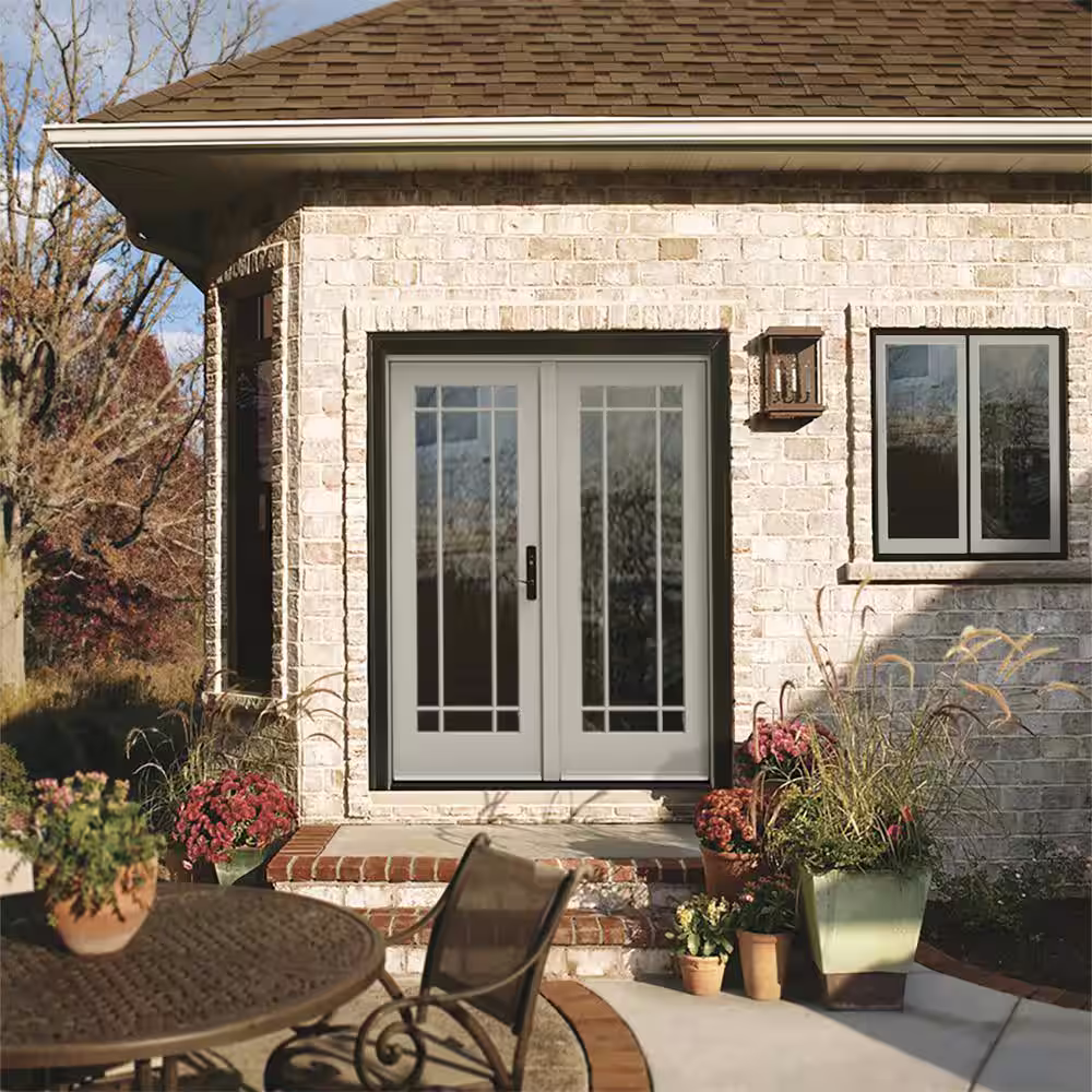 JELD-WEN 60 in. x 80 in. W-5500 Desert Sand Clad Wood Left-Hand 9 Lite French Patio Door w/White Paint Interior