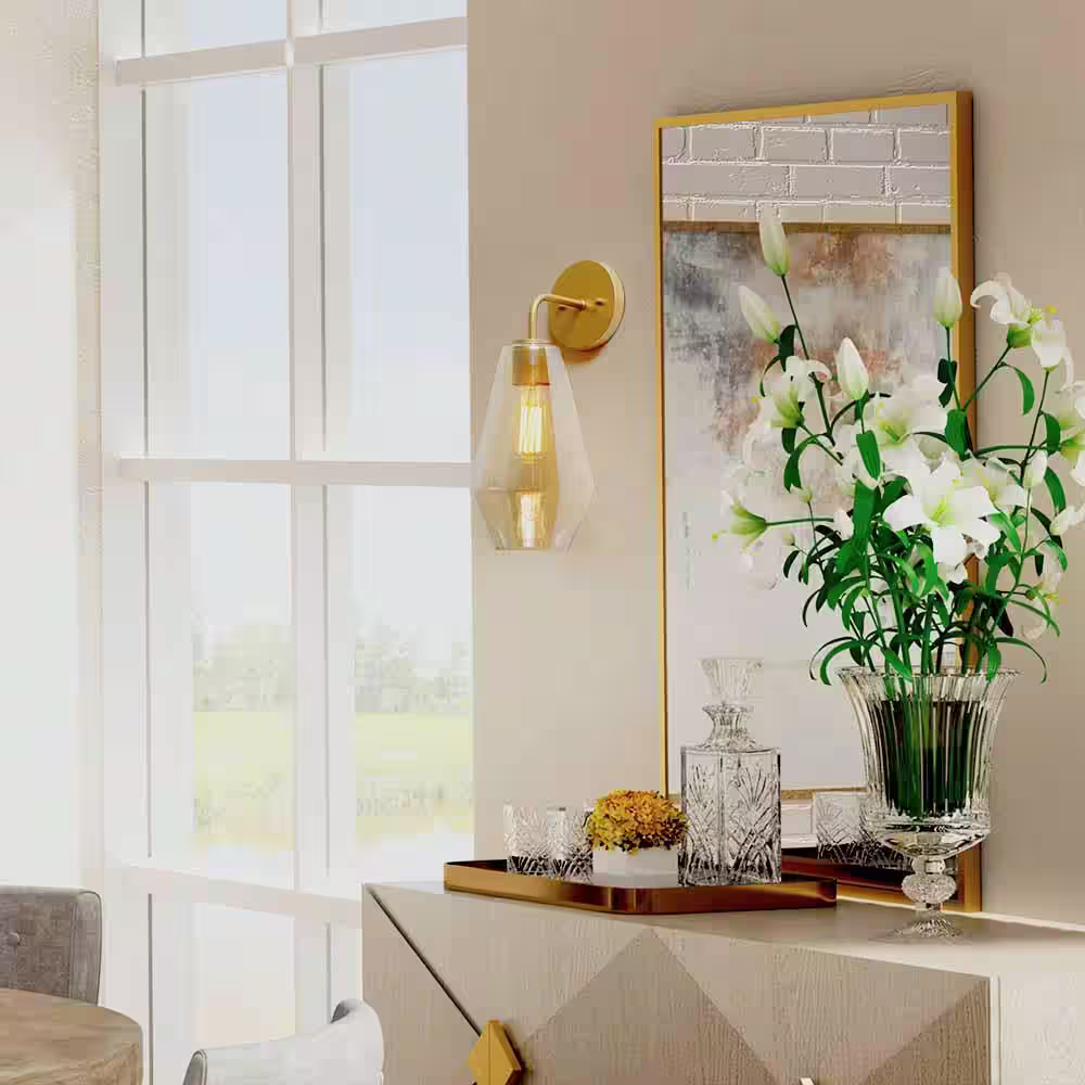 Uolfin Modern Geometric Wall Sconce Mila Transitional 1-Light Brass Gold Tube Vanity Light with Frosted Glass Shade