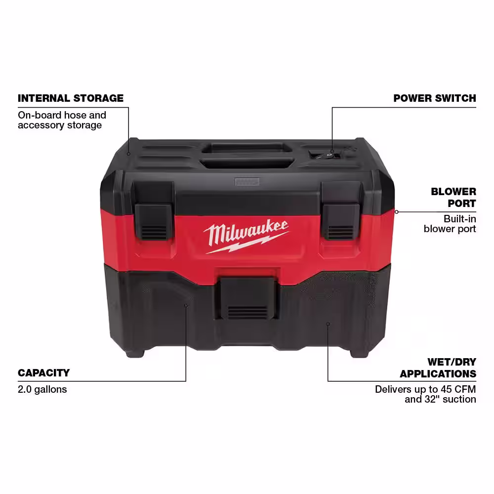 Milwaukee M18 18-Volt 2 Gal. Lithium-Ion Cordless Wet/Dry Vacuum & AIR-TIP Low-Profile Pivoting Brush Wet/Dry Vacuum Attachment