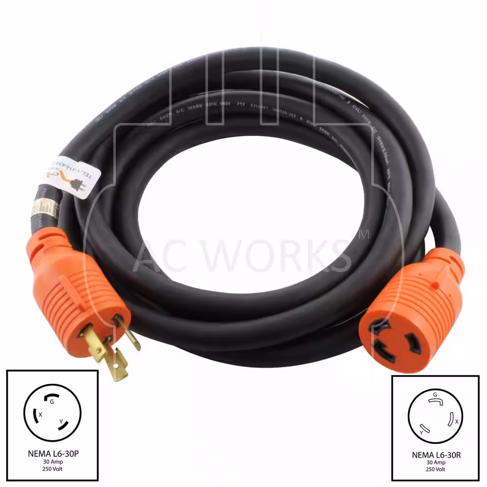 AC WORKS 10 ft. SOOW 10/3 NEMA L6-30 30 Amp 250-Volt Rubber Extension Cord