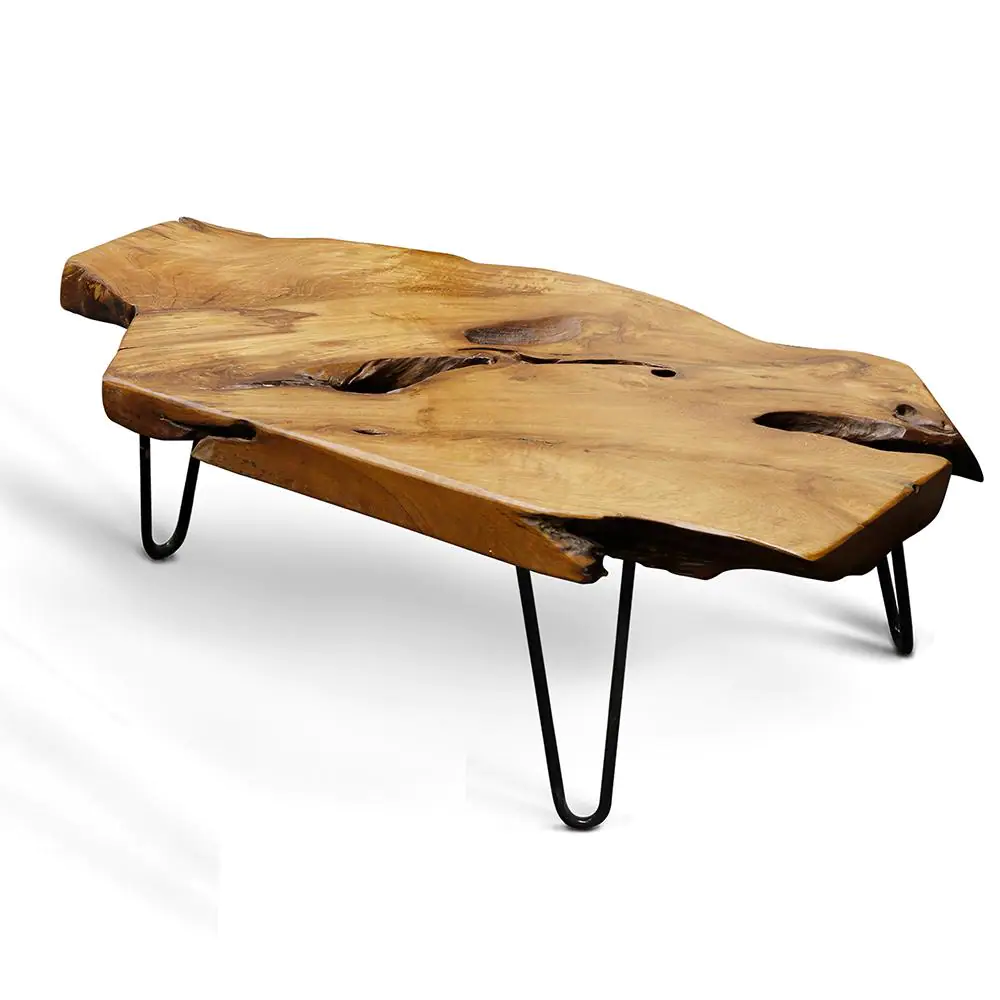 StyleCraft 17 in. H Natural Wood Edge Teak Coffee Cocktail Table Clear Lacquer
