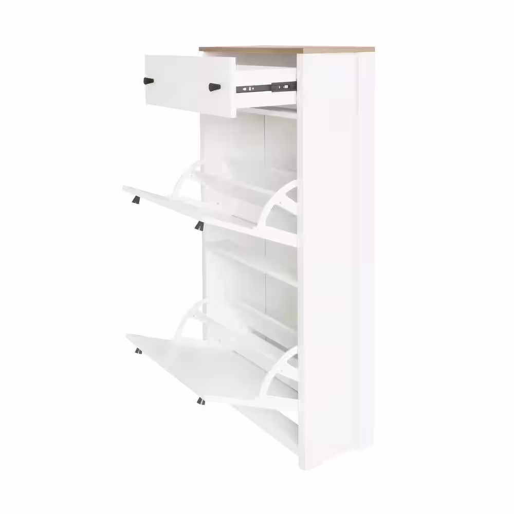 Harper & Bright Designs 47.2 in. H x 47.2 in. W White Wood Shoe Storage Cabinet with 4 Flip Drawers, Adjustable Shoe Racks, Grain Pattern Top