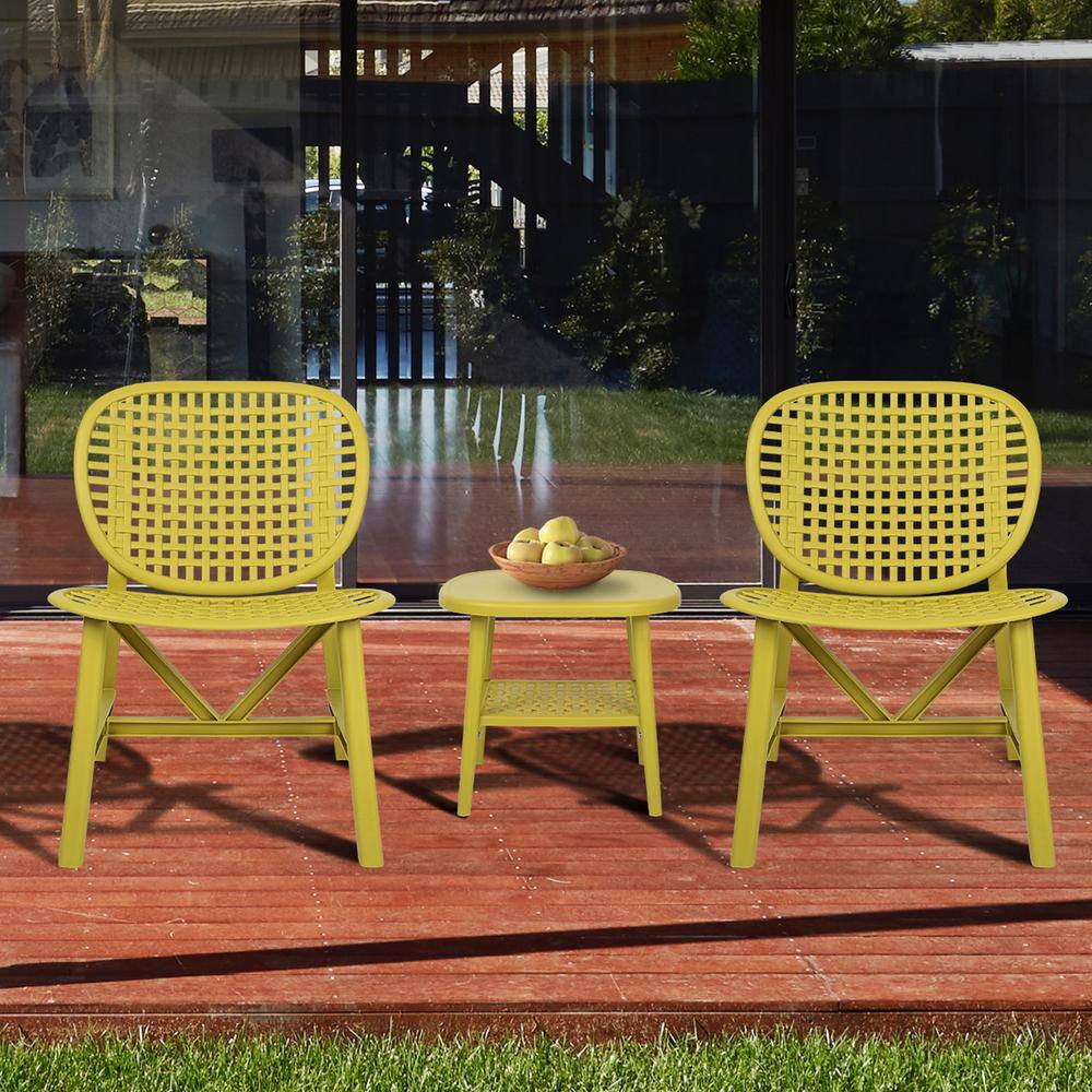 None 3-Piece Composite Outdoor Bistro Patio Table Chair Set All Weather Conversation Bistro Set Coffee Table in Yellow