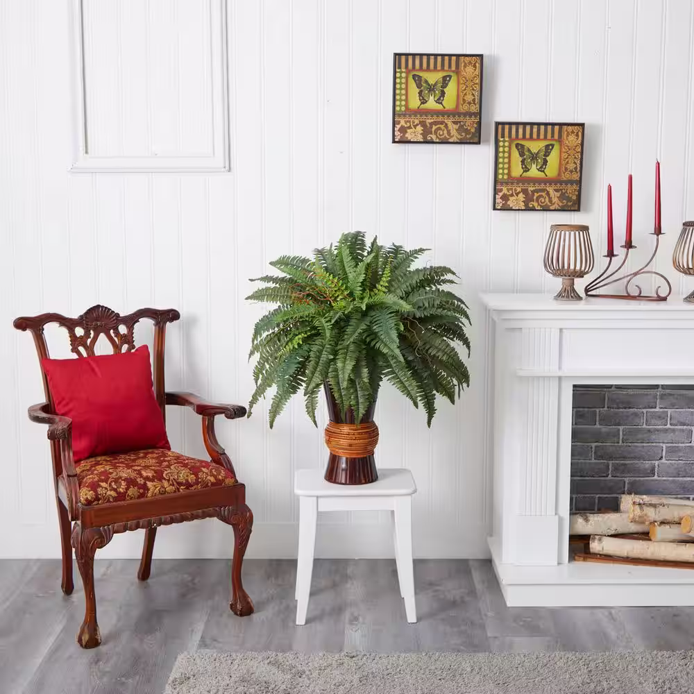 Nearly Natural 33 in. H Boston Fern with Bamboo Vase Artificial Plant