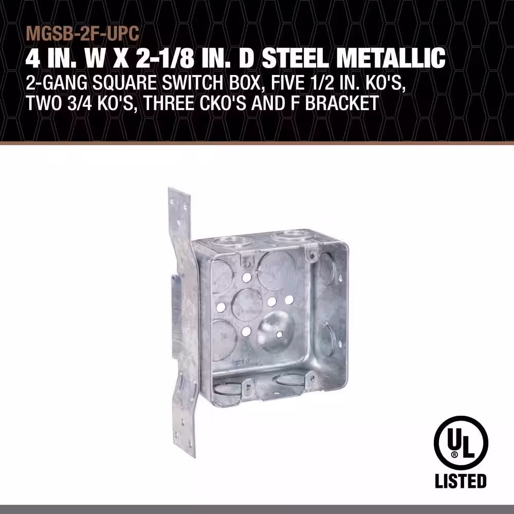 Southwire 4 in. W x 2-1/8 in. D Steel Metallic 2-Gang Square Switch Box, Five 1/2 in. KO, Two 3/4 KO, Three CKO and F Bracket