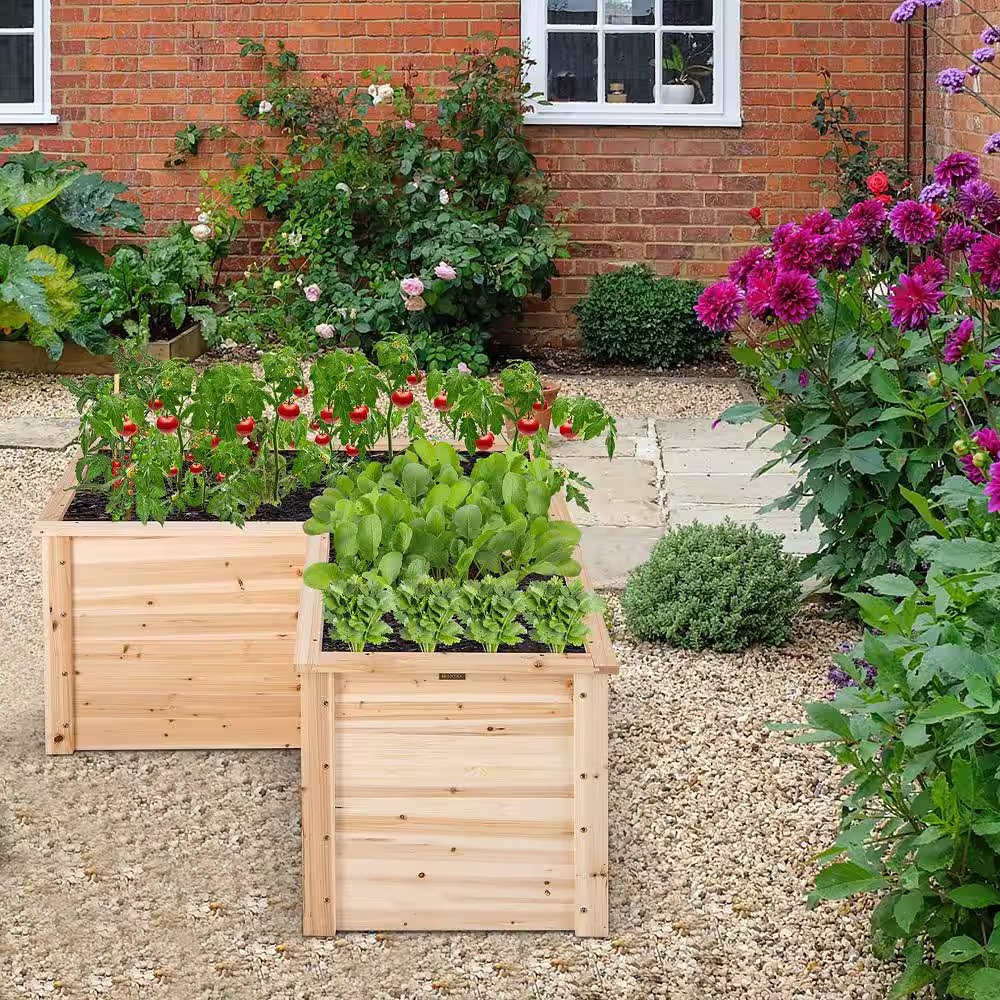 Costway 24 in. L-Shaped Deep Root Planter Box Wooden Raised Garden Bed with Open-Ended Base