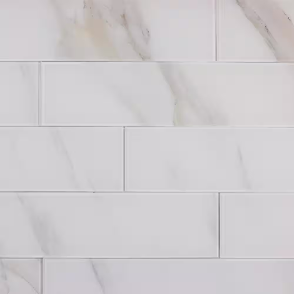 ABOLOS Tuscan Designs Large Format Subway 4 in. x 16 in. Glossy Calacatta White Glass Backsplash Wall Tile (16 Sq. Ft./Case)