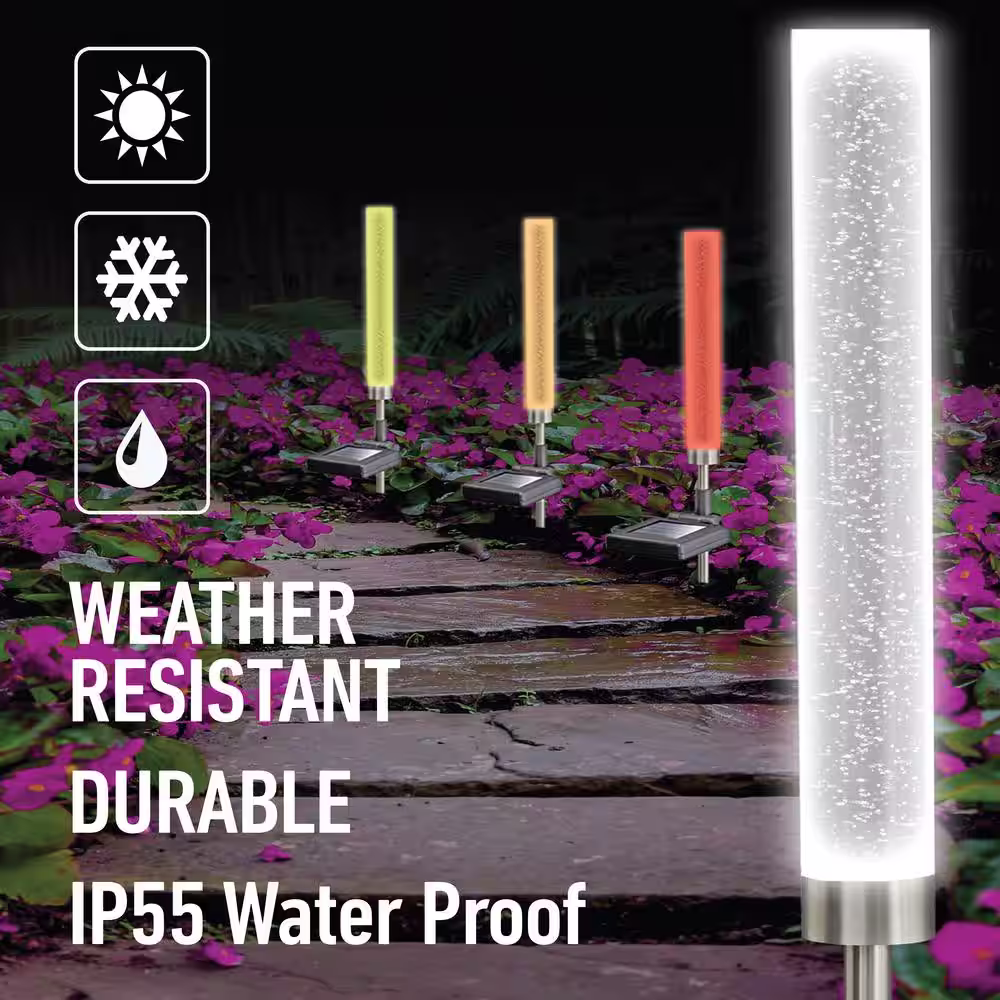 Bell + Howell Glimmer Sticks Solar Powered Clear Color Changing LED Path Light with Acrylic Tube with Silver Flakes (2-Pack)