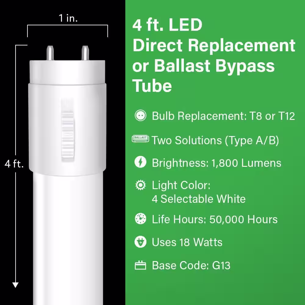 Feit Electric 18-Watt 4 ft. G13 Type AB T8 Plug and Play Or T8/T12 Ballast Bypass Linear LED Tube Light Bulb Selectable White(10-Pack)