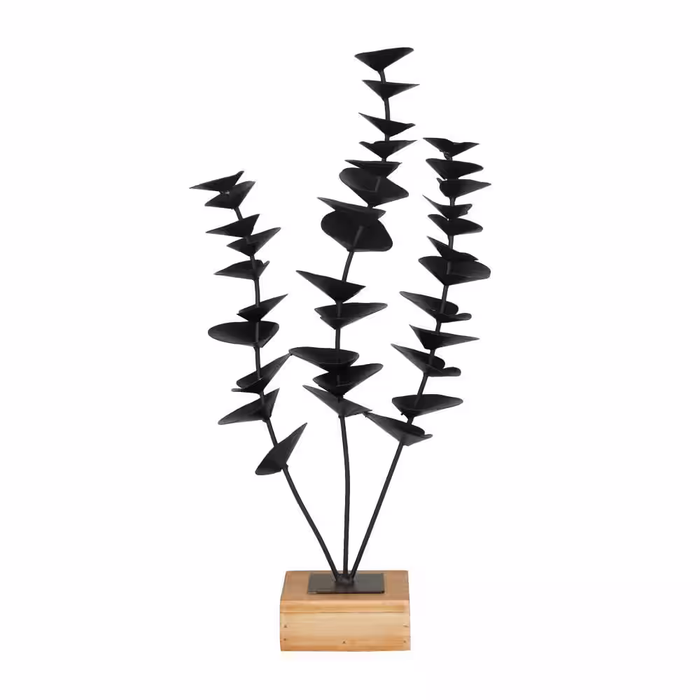 Litton Lane Black Metal Leaf Sculpture with Wood Base