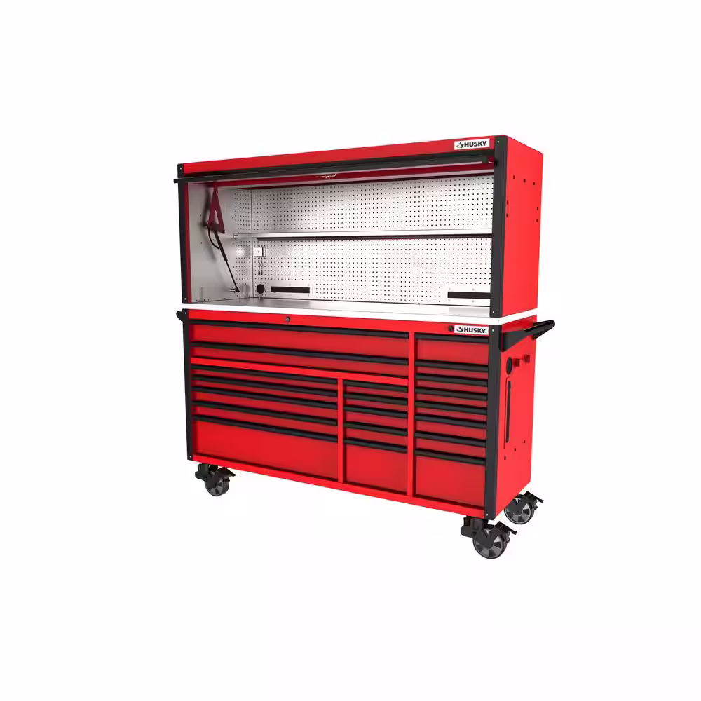Husky 72 in. W x 24.6 in. D Professional Duty 20-Drawer Mobile Workbench Tool Storage Combo with Top Tool Chest Hutch in Red