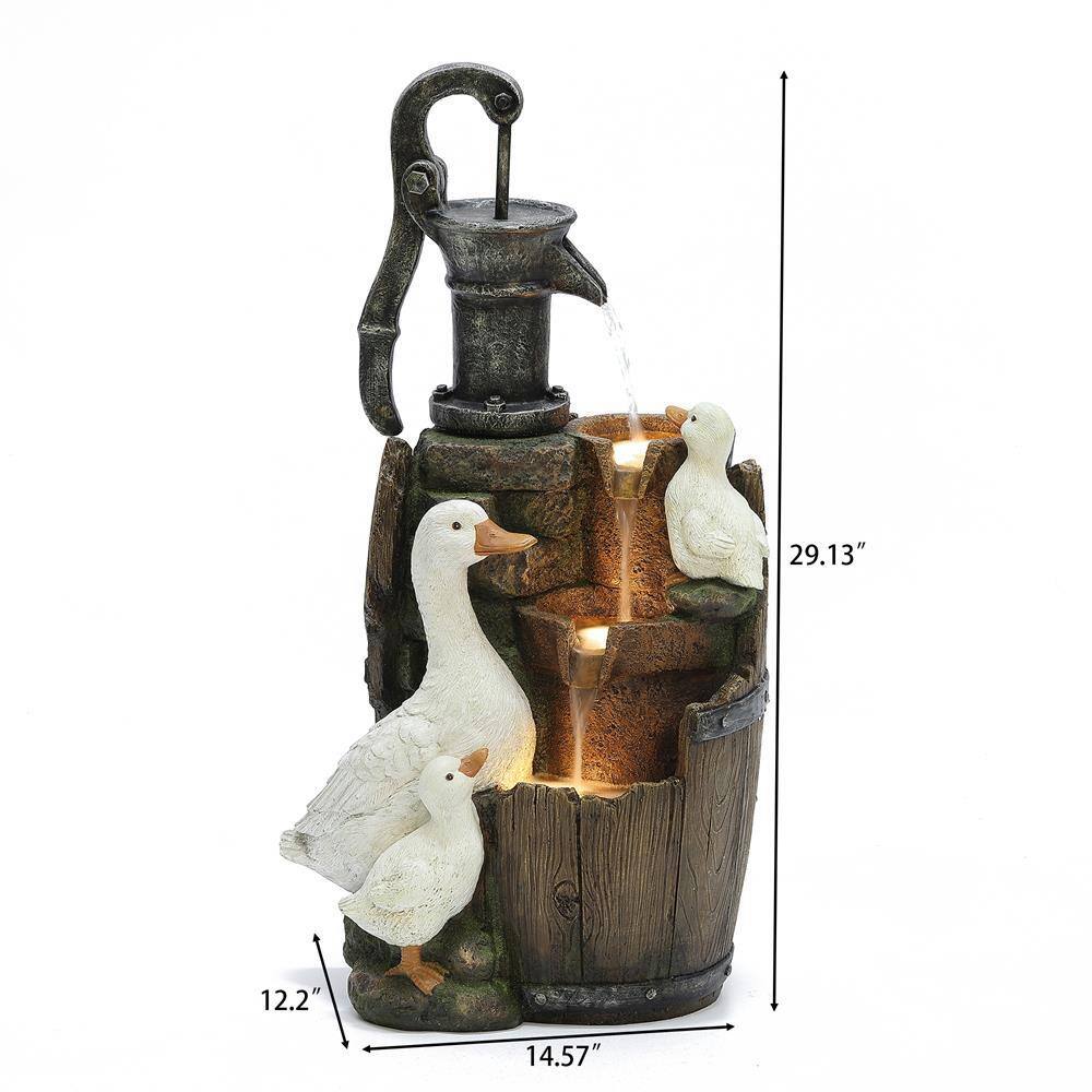 None Farmhouse Pump and Duck Family Outdoor Polyresin Cascade Fountain with LED Lights