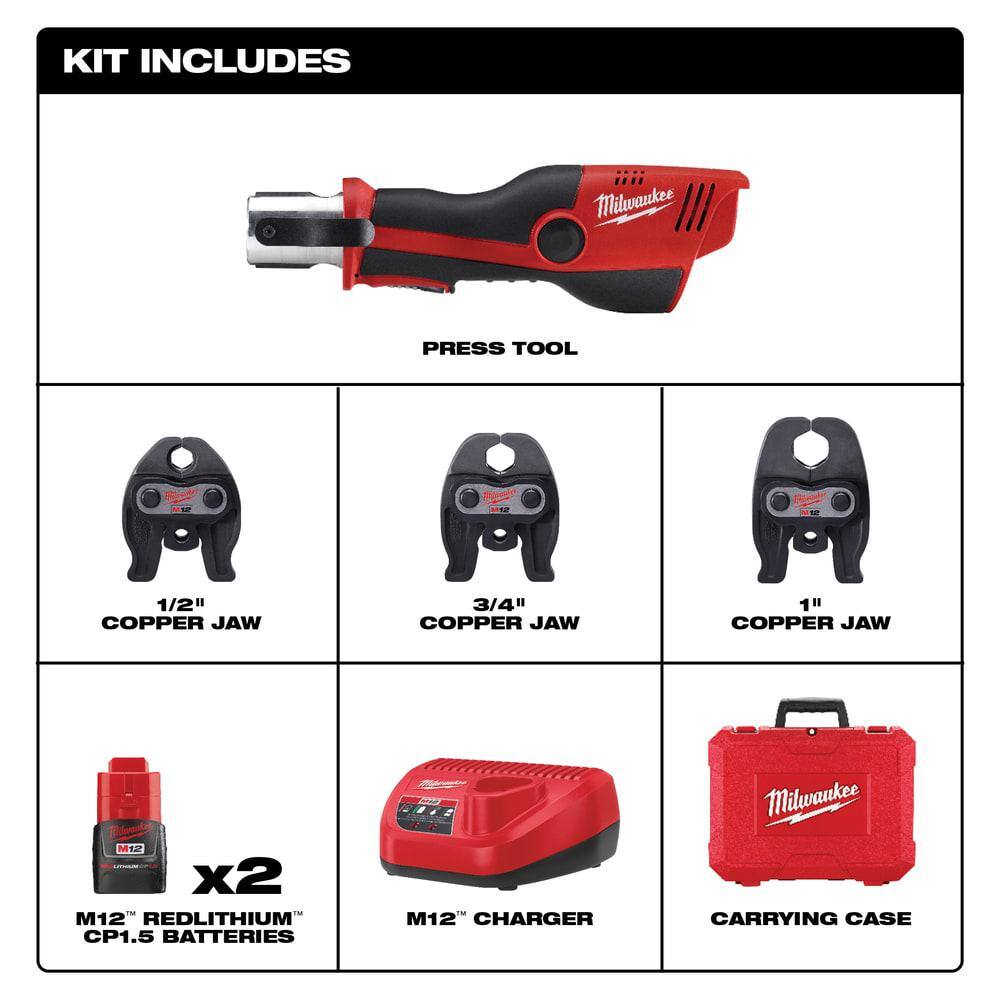 Milwaukee M12 12-Volt Lithium-Ion Force Logic Cordless Press Tool Kit with 1 in. Iron Pipe Jaw (4-Jaws Included)
