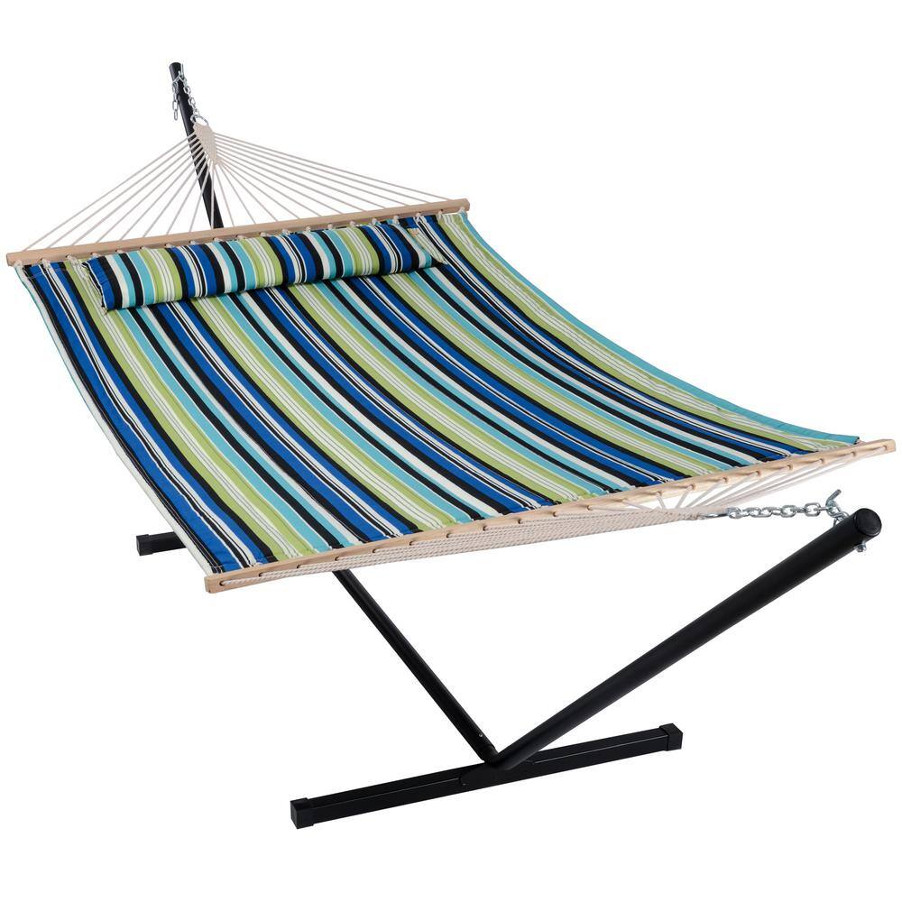 Atesun 12 ft. Free Standing, 475 lbs. Capacity, Heavy-Duty 2-Person Hammock with Stand and Detachable Pillow in Green Stripes