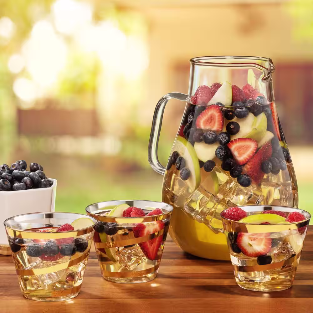 None 9 oz. Swirl Line Gold Rim Clear Disposable Plastic Cups, Party, Cold Drinks, (110/Pack)
