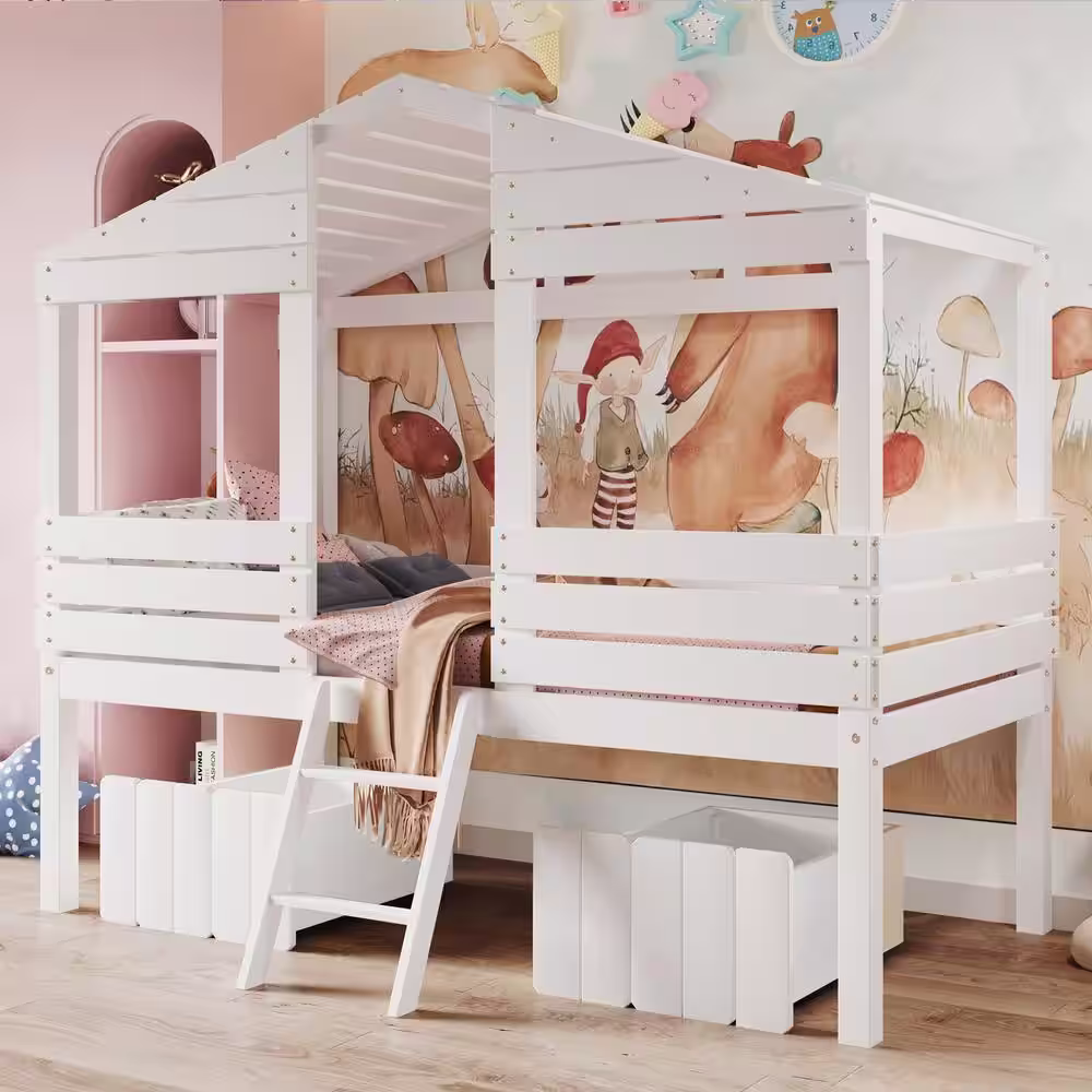 None Twin Size Low Loft Wood House Bed with Two Storage Drawers,Roof and Window, Playhouse for Kids