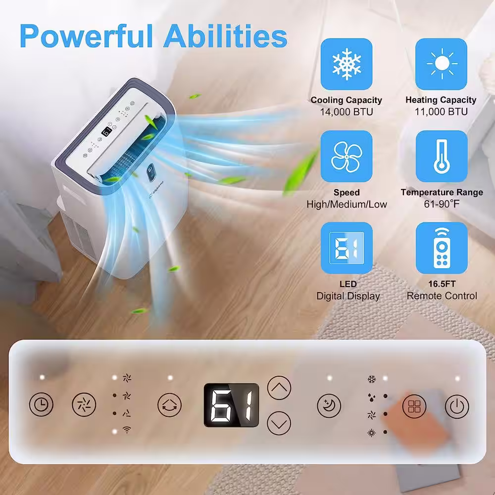None 14,000 BTU WIFI Portable Air Conditioner 4 in. 1 Cools 700 sq. ft. with Heater and Dehumidifier Remote Display in White