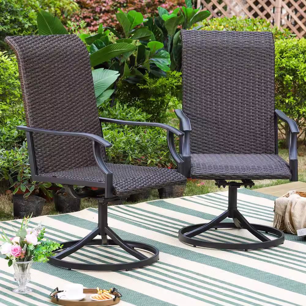 None 5-Piece Patio Outdoor Dining Set with Round Slat Table and Rattan Swivel Chair