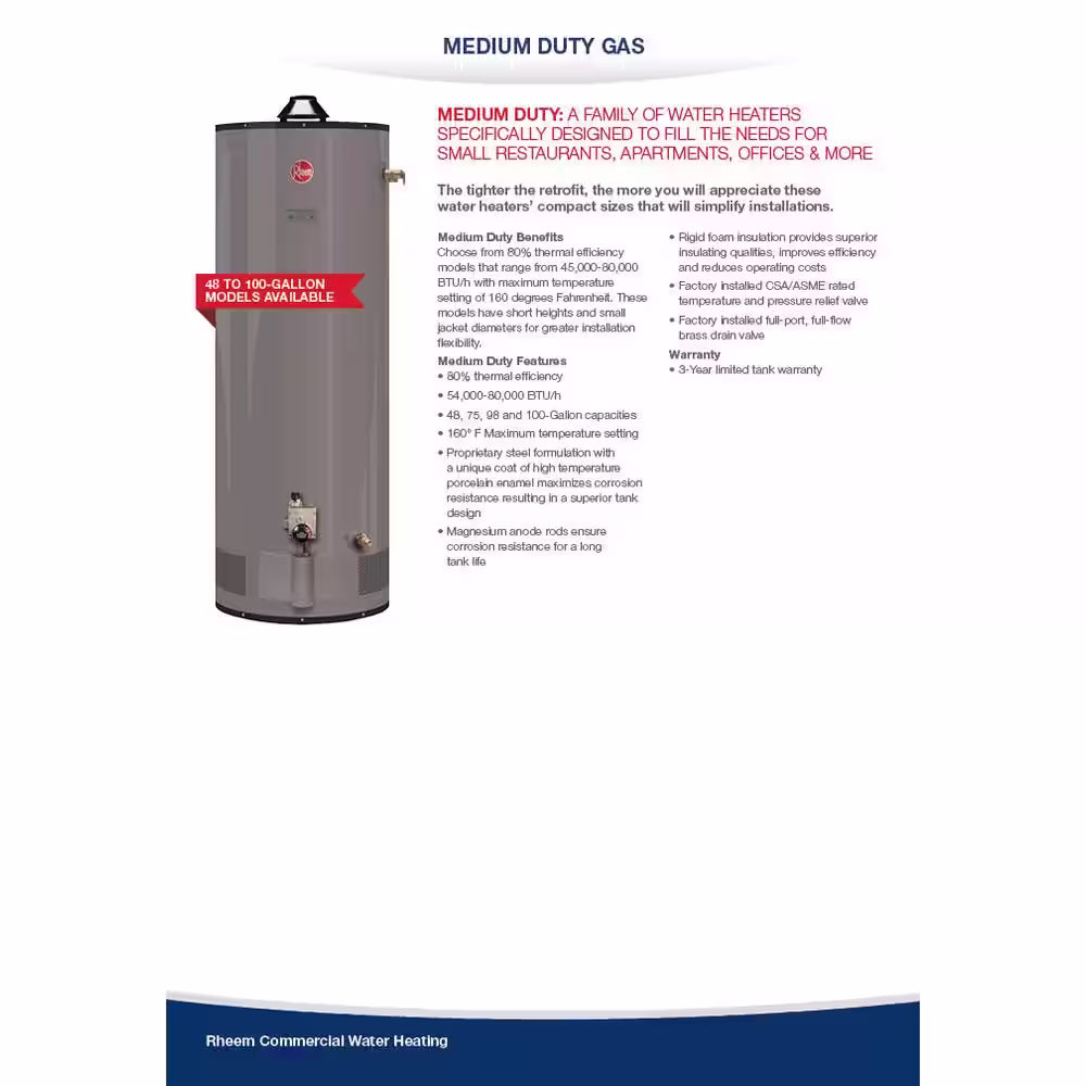 Rheem Commercial Medium Duty 75 gal. 75.1K BTU Liquid Propane Water Heater