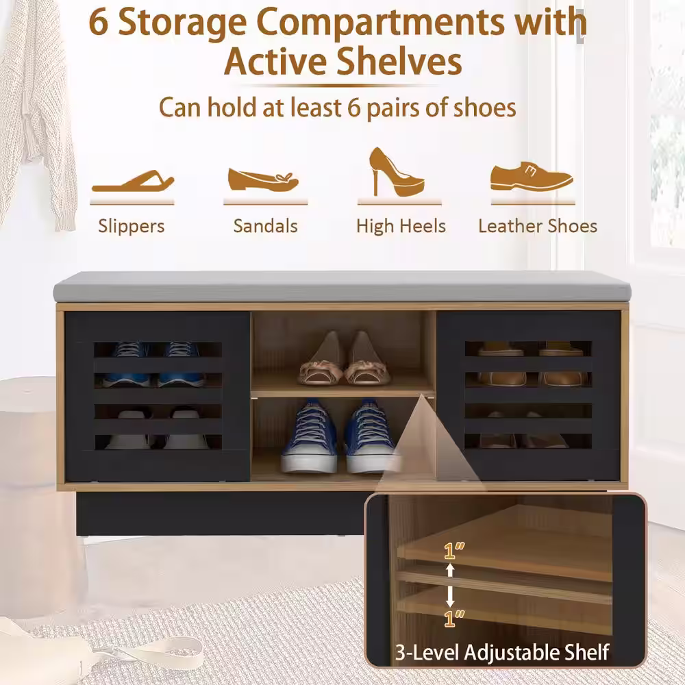 Costway 18 in. H x 39 in. W Natural MDF Shoe Storage Bench with Cushion Shoe Storage Organizer Shoe Rack Entryway