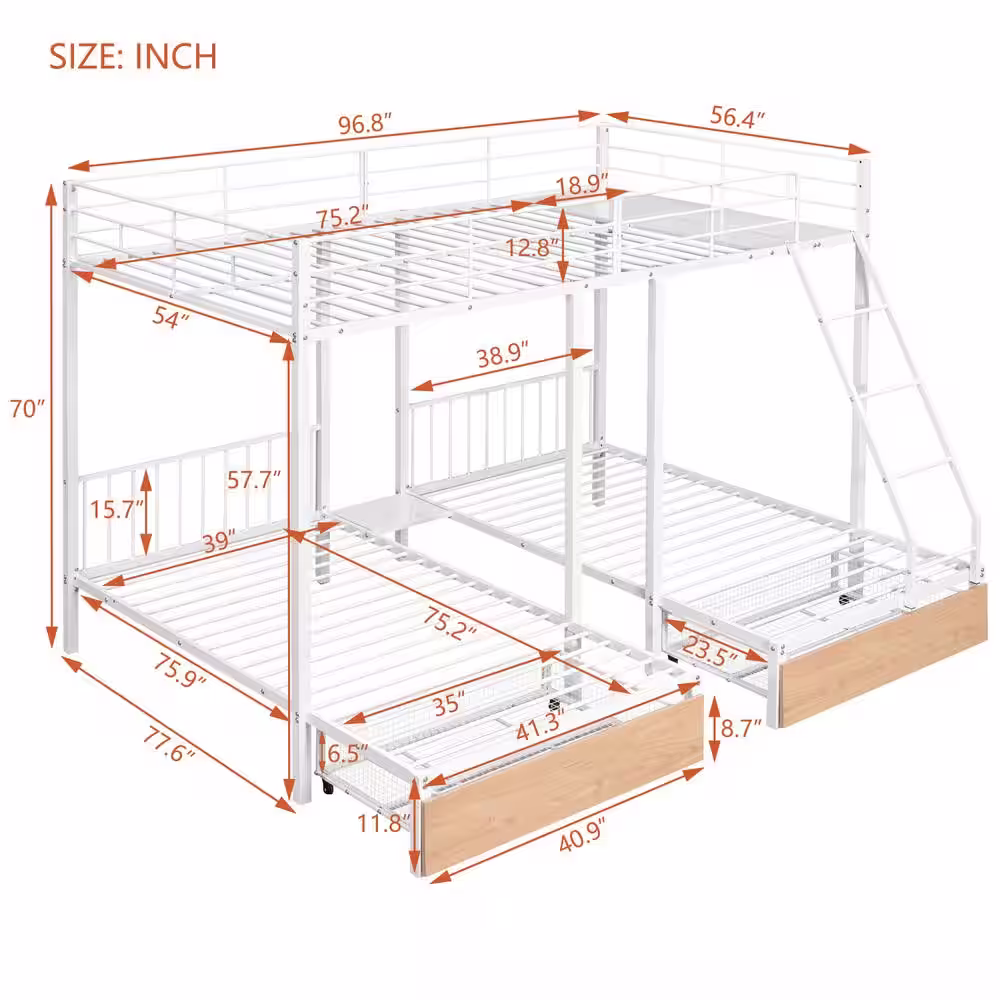 Harper & Bright Designs White Full over Twin and Twin Metal Triple Bunk Bed with 2 Built- in Shelves, 2-Drawers and Ladder