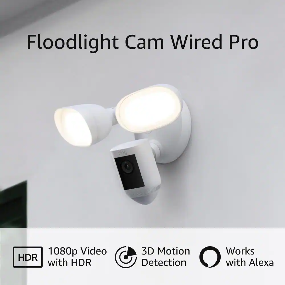 Ring Floodlight Cam Wired Pro - Smart Security Video Camera with 2 LED Lights, Dual Band Wifi, 3D Motion Detection, White