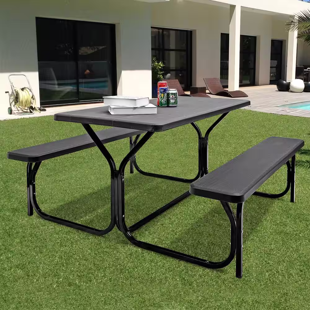 CASAINC Black Rectangular Plastic Outdoor Picnic Table with 2 Bench