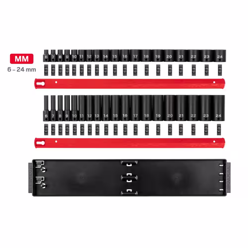TEKTON 3/8 in. Drive 12-Point Impact Socket Set with Rails (6 mm-24 mm) (38-Piece)