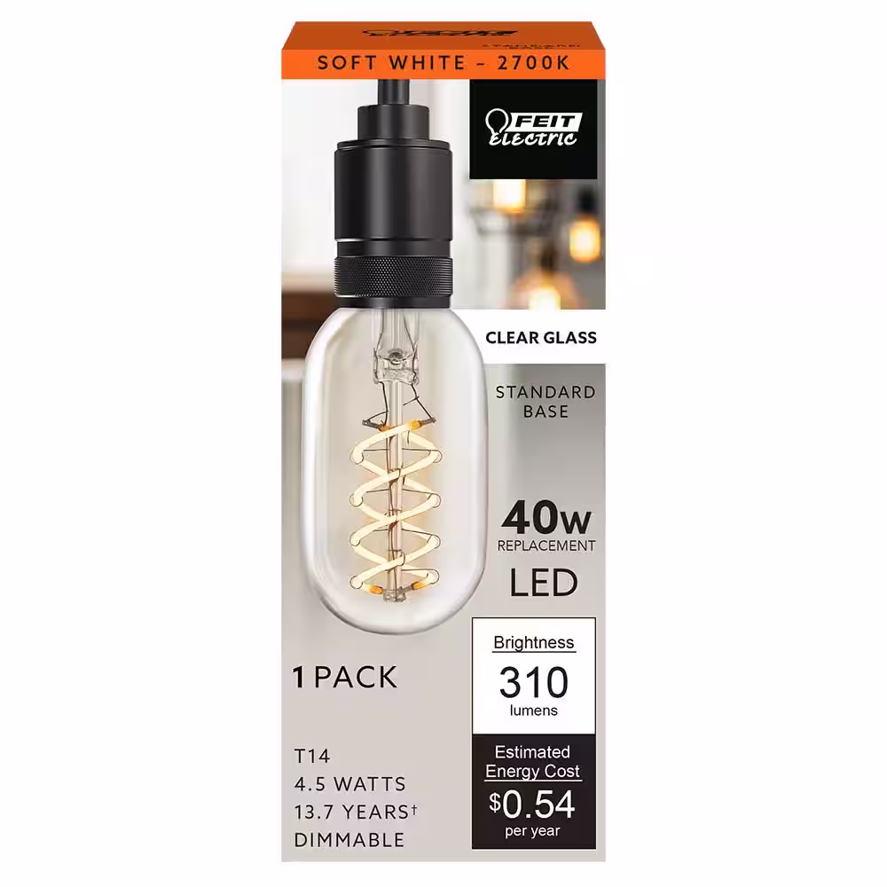 Feit Electric 40-Watt Equivalent T14 Dimmable Spiral Filament Clear Glass E26 Vintage Edison LED Light Bulb, Soft White (12-Pack)