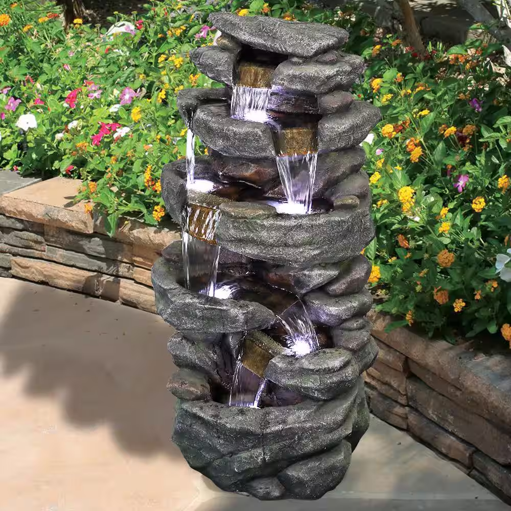 ITOPFOX 40 in. H Outdoor Polyresin Water Fountain with LED Lights