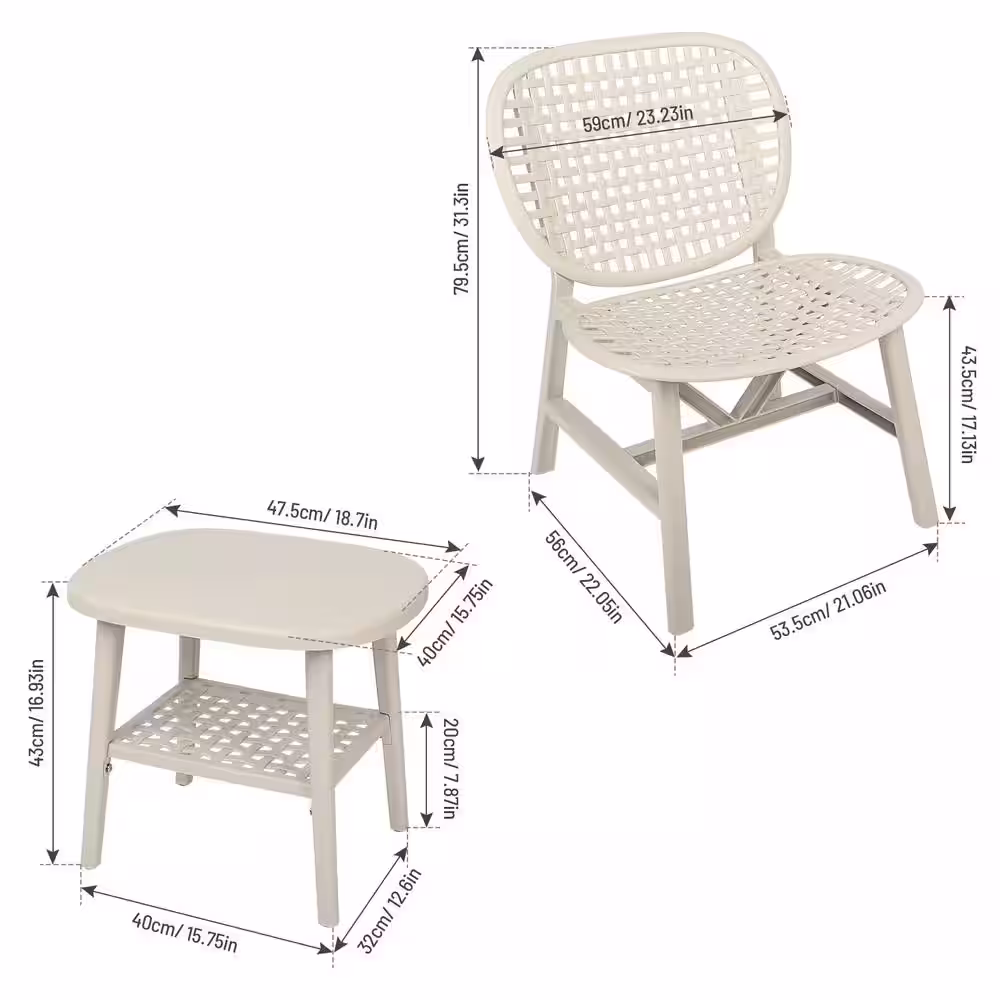 None White 3-Piece Composite Hollow Design Outdoor Serving Bistro Set for Balcony Garden Yard