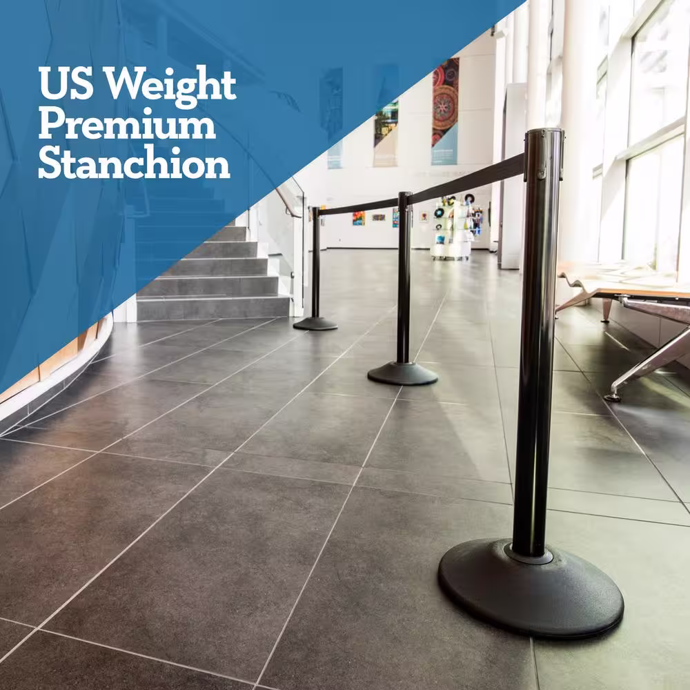 USW US Weight Heavy-Duty Black Premium Steel Stanchion with 13 ft. Black Retractable Belt (2-Pack)