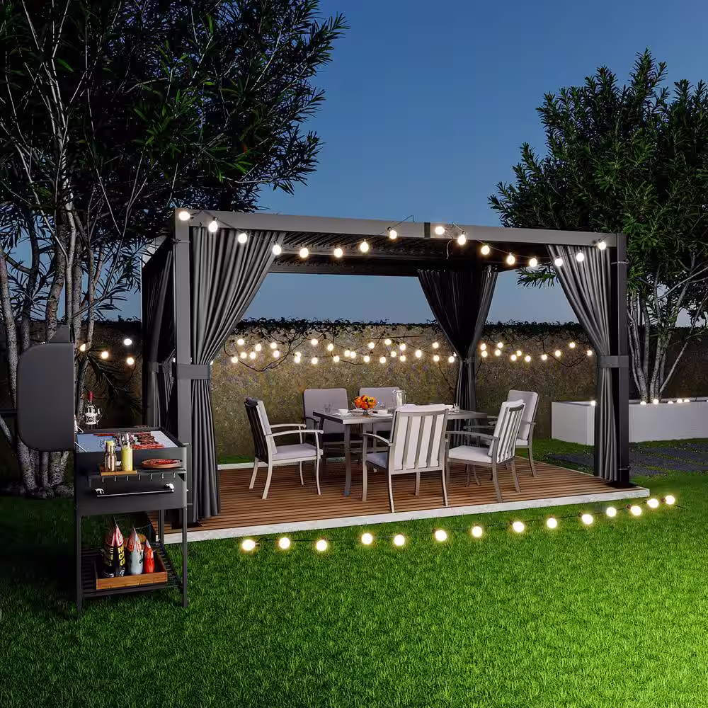 EGEIROSLIFE 10 ft. x 13 ft. Aluminum Louvered Pergola with Adjustable Roof and Gray Curtains