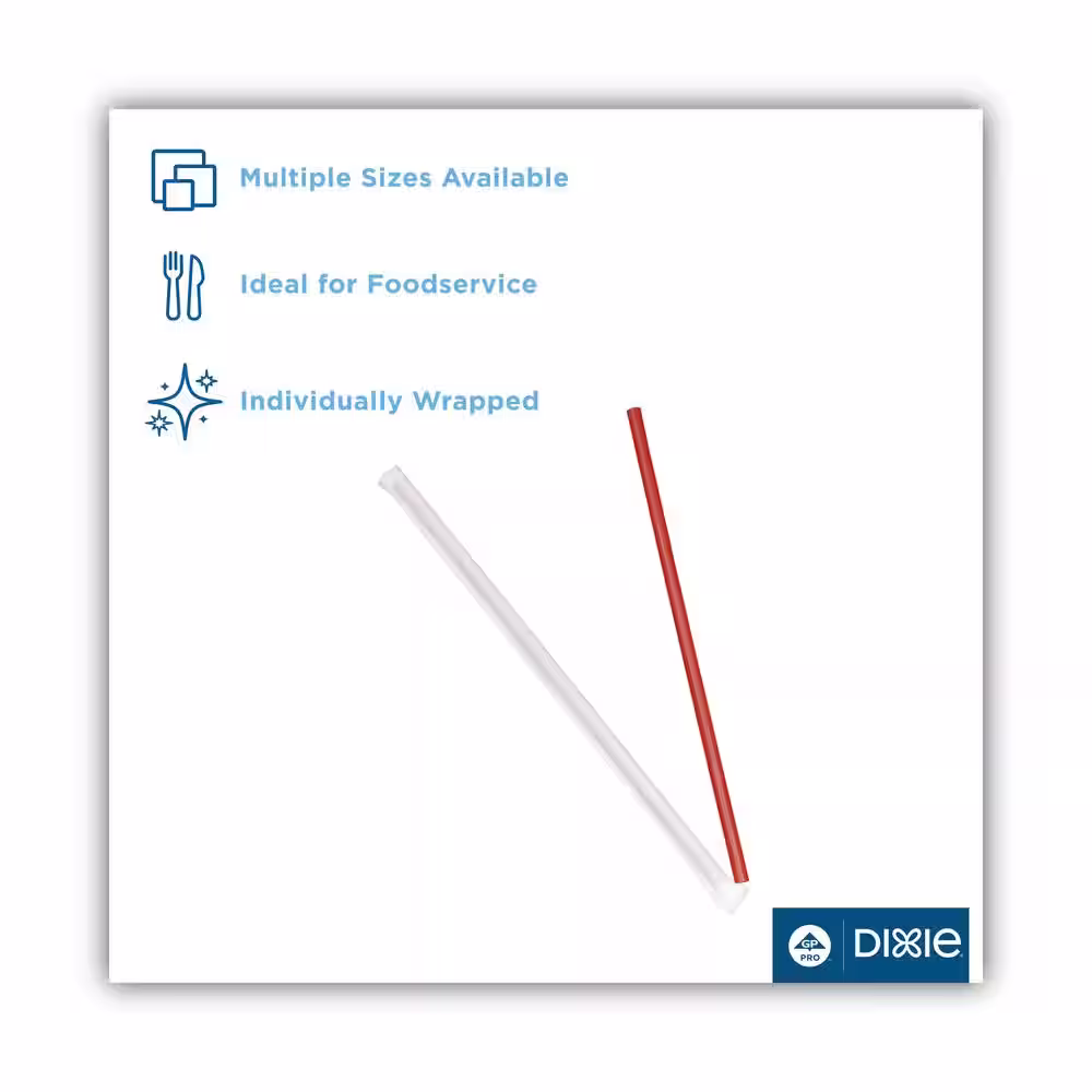 DIXIE Red Wrapped Giant Disposable Polypropylene Straws, 10.25 in., 300/Box, 4 Boxes/Carton