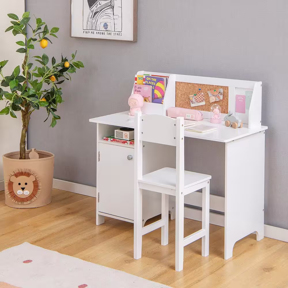 Costway 2-Piece Wood Top Kids Desk and Chair Set Study Writing Workstation with Bookshelf and Bulletin Board