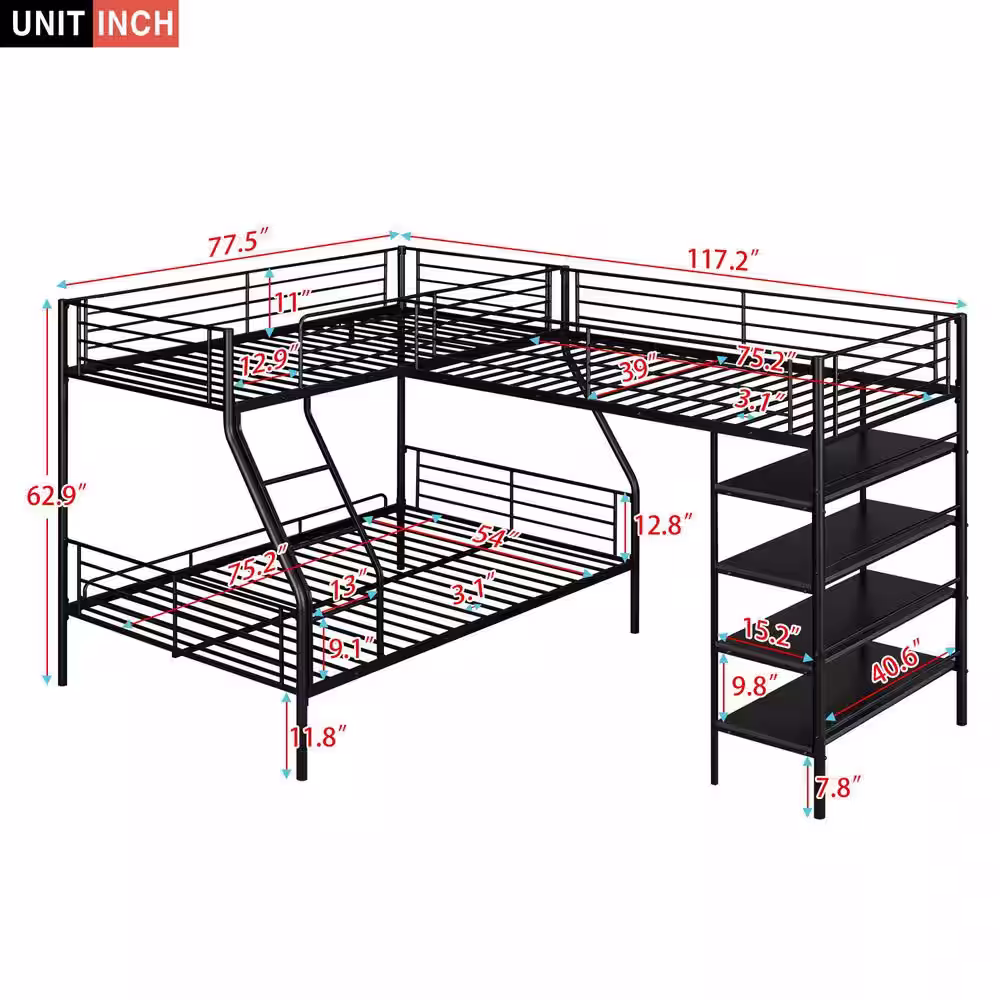 Harper & Bright Designs L-shaped Black Twin and Twin over Full Metal Triple Bunk Bed with 4 Built-in Shelves