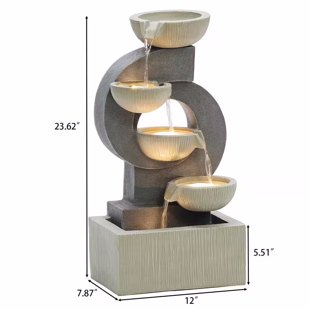 None Gray Curves and Bowls Outdoor Polyresin Cascade Fountain with LED Lights